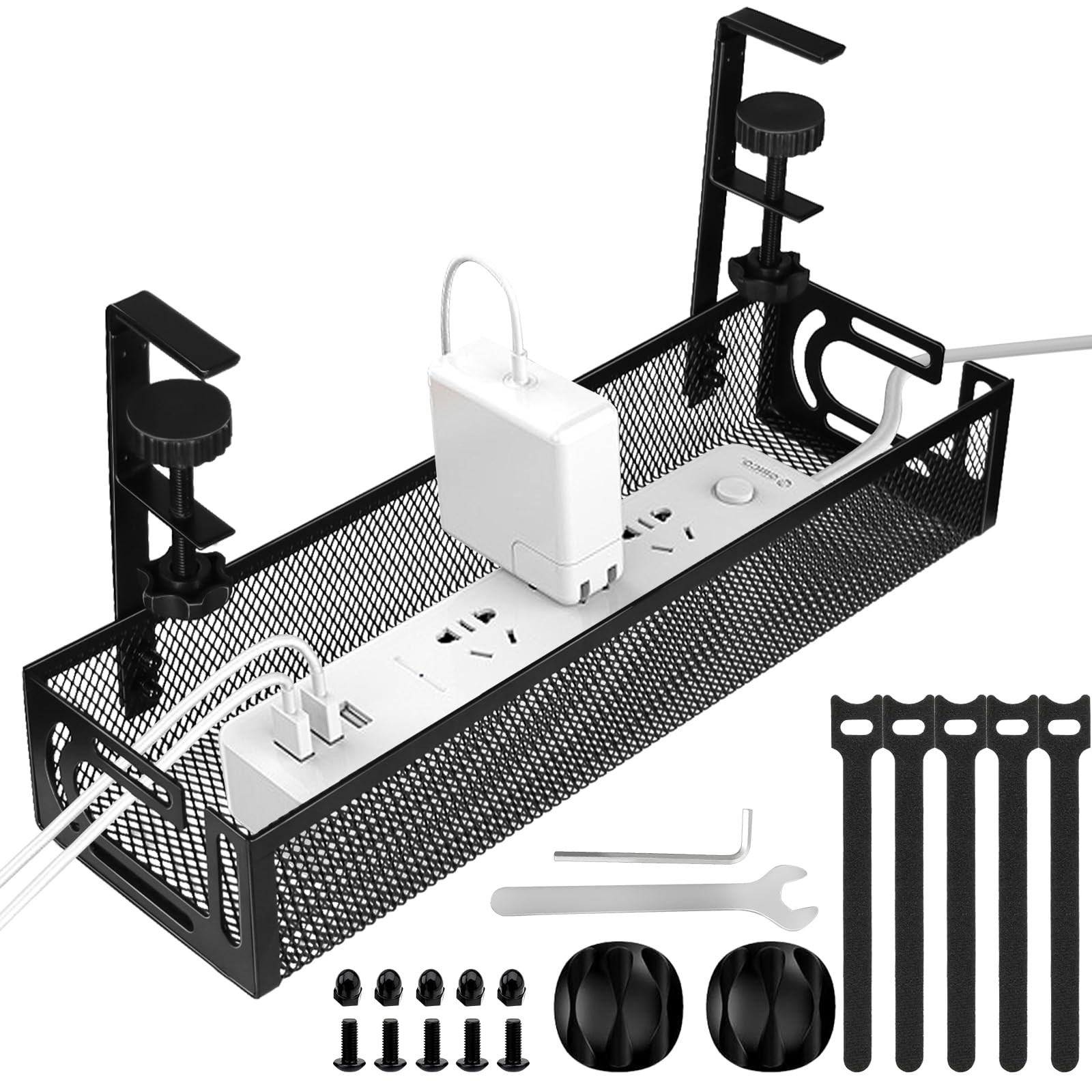 Under Desk Cable Management Tray, Cable Management Under Desk No Drill, Wire Management Tray with Clamp, Cord Organizer for Home Office, Black