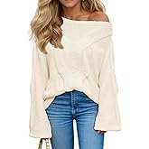 Saodimallsu Womens Off One Shoulder Sweaters Boat Neck Cable Knit Long Lantern Sleeve Loose Fall Trendy Pullover Tops
