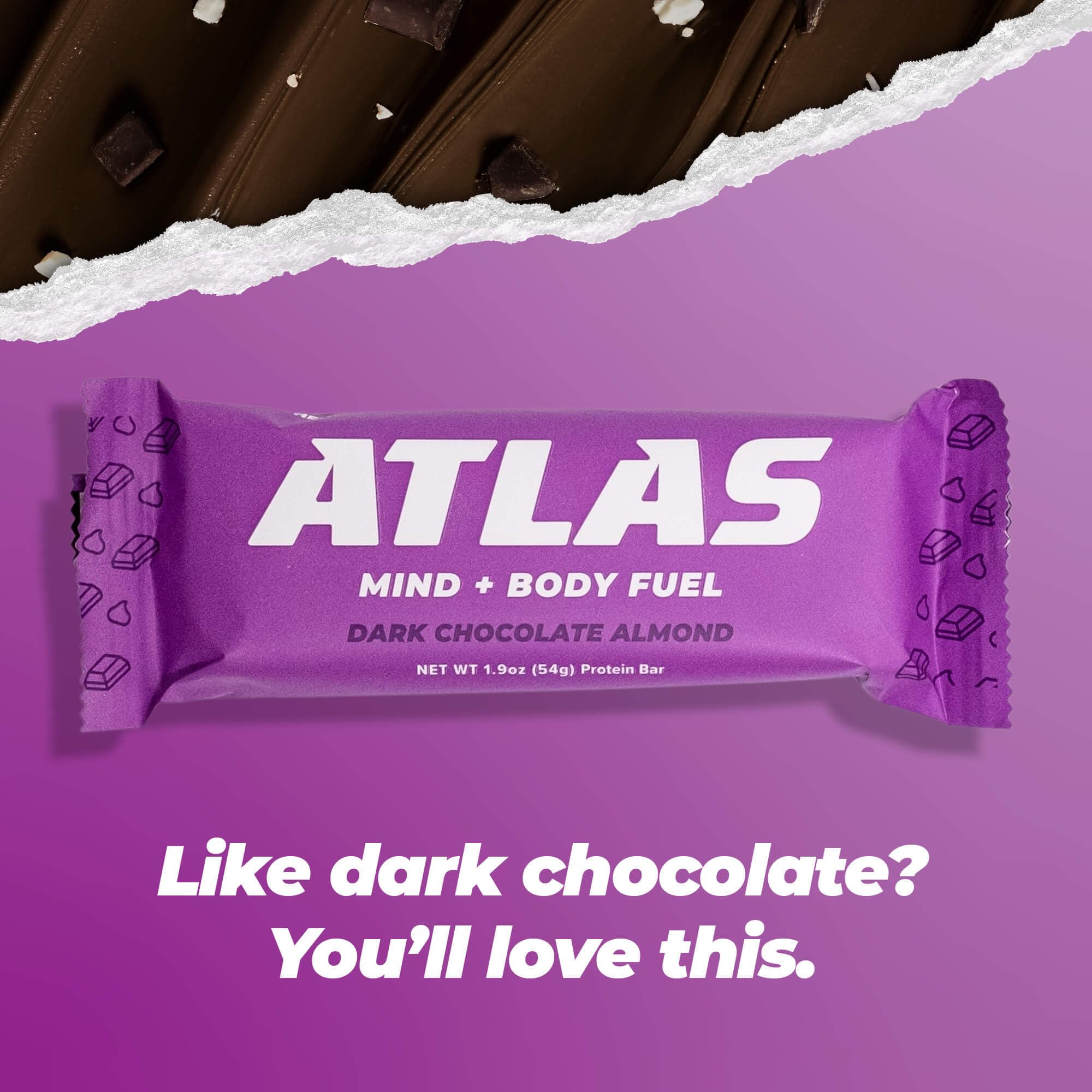 Atlas Protein Bar, 20g Protein, 1g Sugar, Clean Ingredients, Gluten Free (Dark Chocolate Almond, 12 Count (Pack of 2))
