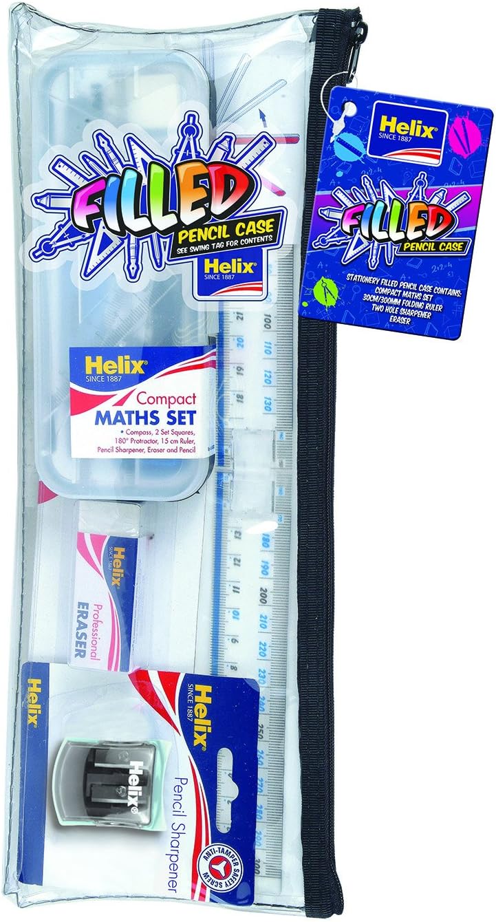 Helix Complete Stationery Set, Filled Pencil Case, Stationery School Supplies, Maths Set, Folding Ruler