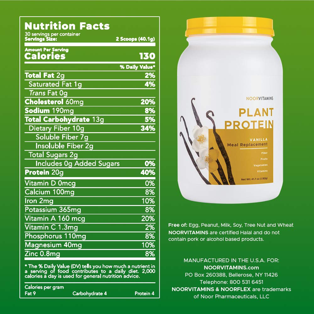 NoorVitamins Pure Plant Protein Powder Meal Replacement w/Organic Superfoods, Vitamins & Fiber. Non-GMO, Dairy Free, Gluten Free, Halal Vegan Protein - Natural Vanilla Flavor (30 Servings) 2 Lbs
