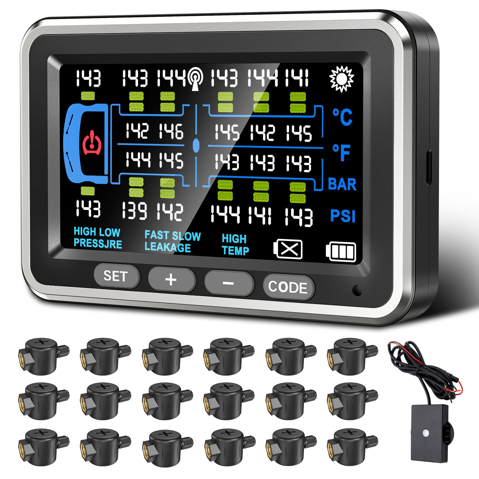 Photo 1 of NLNE Tire Pressure Monitoring System for Trailer/Semi Truck,4.5" TPMS with 18 Flow Thru Sensors 0-199PSI, No Removal Inflation,6 Alerts Monitor,Signal Booster,Long Sensing Distance,4-22 Sensors