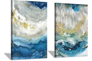 HARDY GALLERY Abstract Blue Art Wall Painting: Canvas Wall Art Hand Painted Embellishment Gold Foils Artwork for Office (24'' x 36'' x 2 Panels)