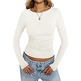 EasyGala Womens Boat Neck Long Sleeve Shirts Ruched Double Lined Top Fitted Basic Tight Tee Spring Fall Clothes 2025