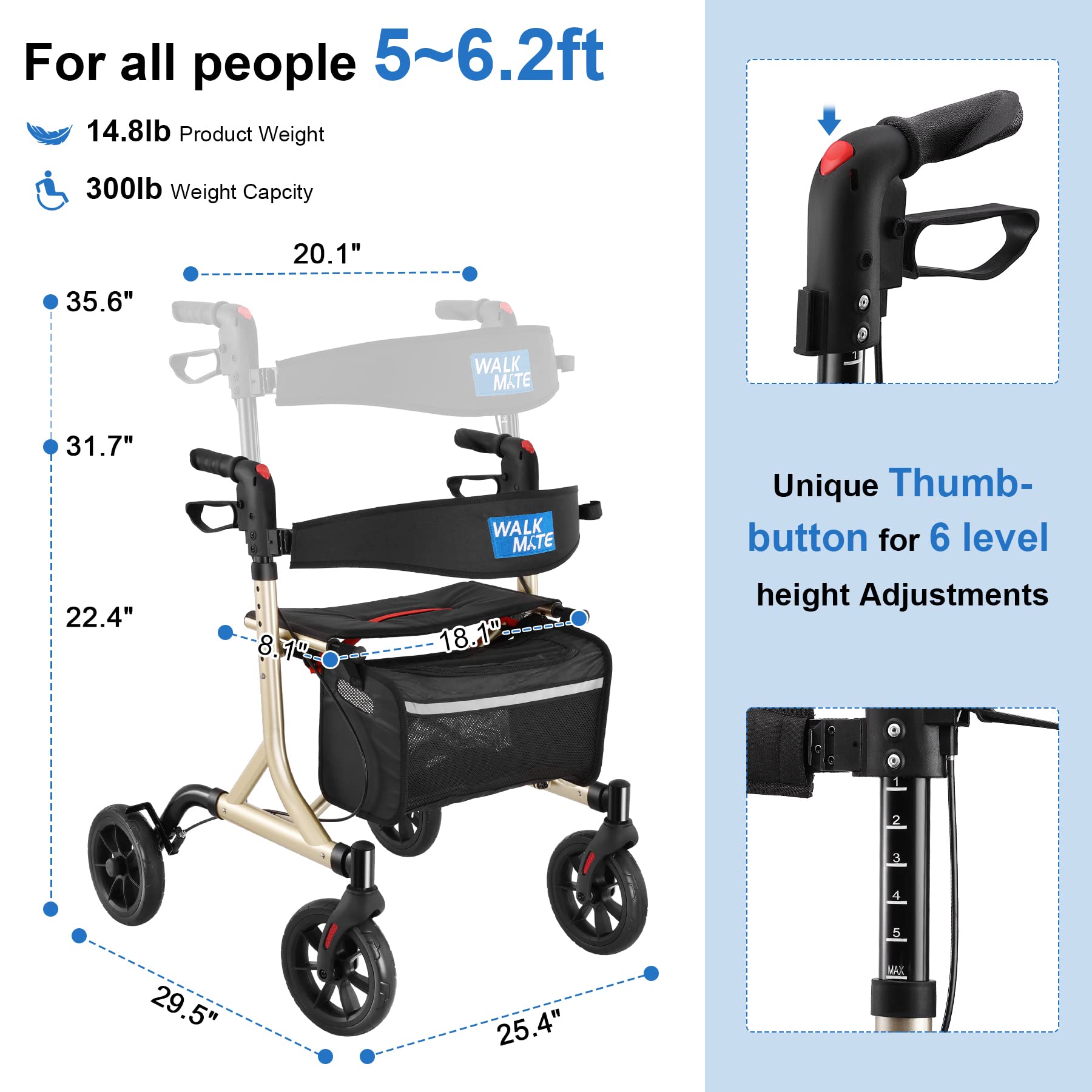 Rollator Walker for Seniors with Cup Holder, Upgraded Thumb Press Button for Height Adjustment, 4 x 8 Wheels Walker with Seat Padded Backrest Folding Lightweight Walking Aid, Gold