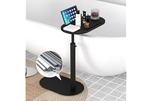 Forevich Bamboo Bathtub Tray Table Bath Side Table with Metal Base Adjustable Height, Portable Freestanding Caddy Tray Tub Shelf for Luxury Bath Home Spa Black Table and Black Base