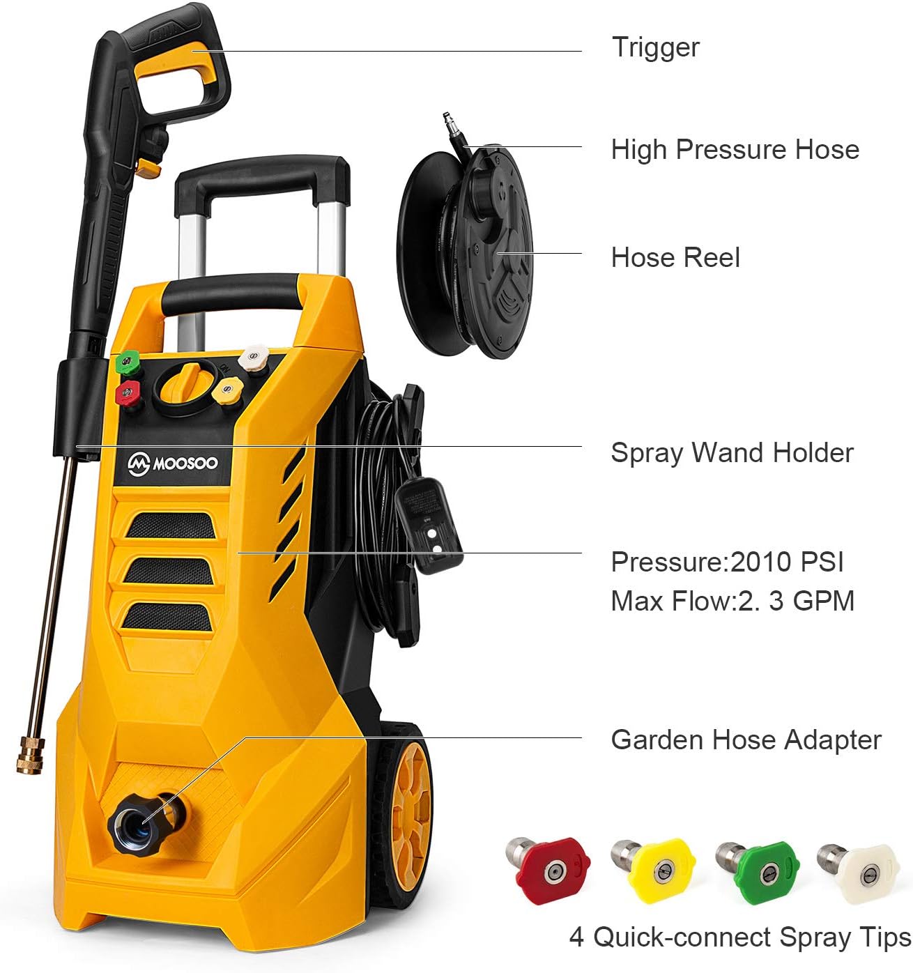 MOOSOO Electric Pressure Washer 1800-Watt Power Washer, MAX PSI 2100 High Pressure Washer, 2.3GPM Electric Power Washer Cleaner with Spray Gun, 4 Nozzles: Garden & Outdoor