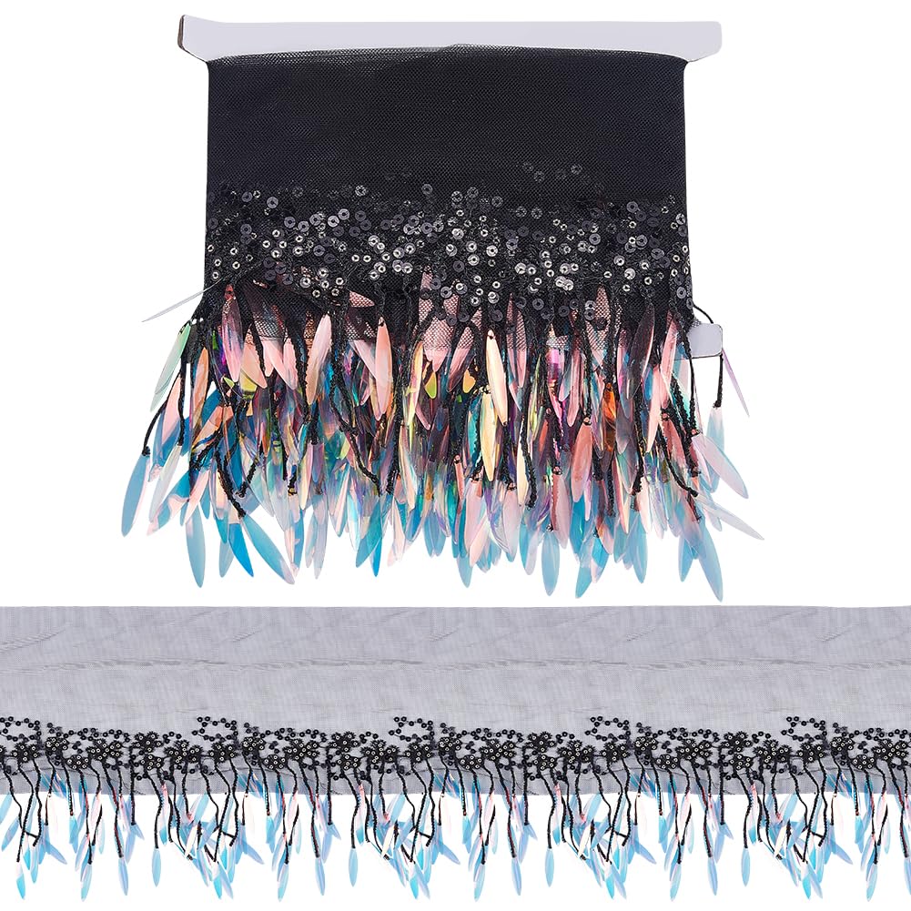 GORGECRAFT 1.8M x 29cm Sequin Tassel Lace Black Polyester Fringe Bling Beaded Metallic Looped Sequins Embroidered Ribbon Fabric Mesh Arrow Trim for Sewing Clothing Dress DIY Crafts Accessories