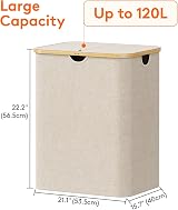 Lifewit 120L Laundry Basket with Lid Beige Bamboo Handles 2 Removable Bags view 4