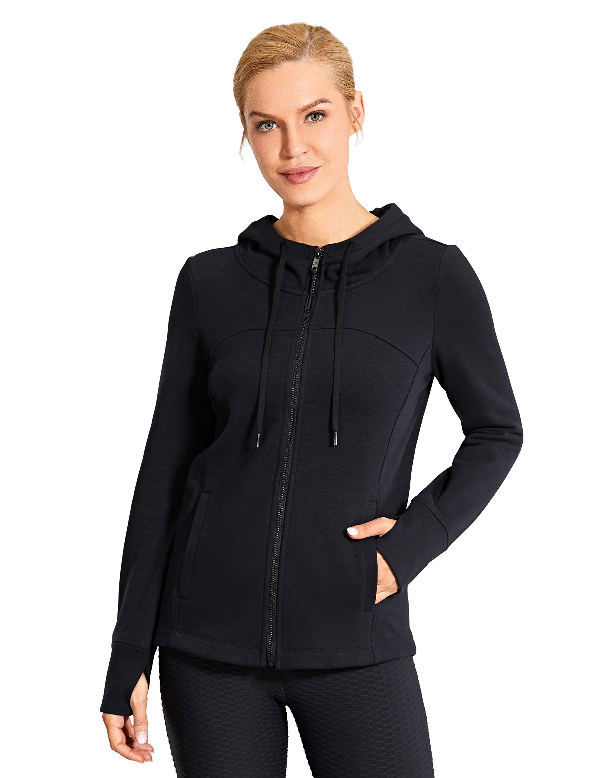 CRZ YOGA Women's Cotton Hoodies Full Zip Athletic Running Jacket Top with Thumb Holes