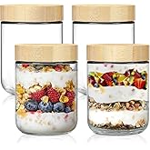 Oillase 4-pack 16oz Glass jars with Airtight Lids, Overnight Oats Containers with Bamboo Lids, Wide mouth Mason Salad jars, G