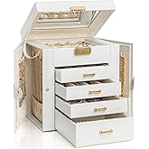 AKOZLIN 5-Tier Jewelry Box Leather Jewelry Storage Organizer with 4 Drawers Lockable for Women Girls Ring Necklace Earring Bracelet Watches Holder with Mirror White