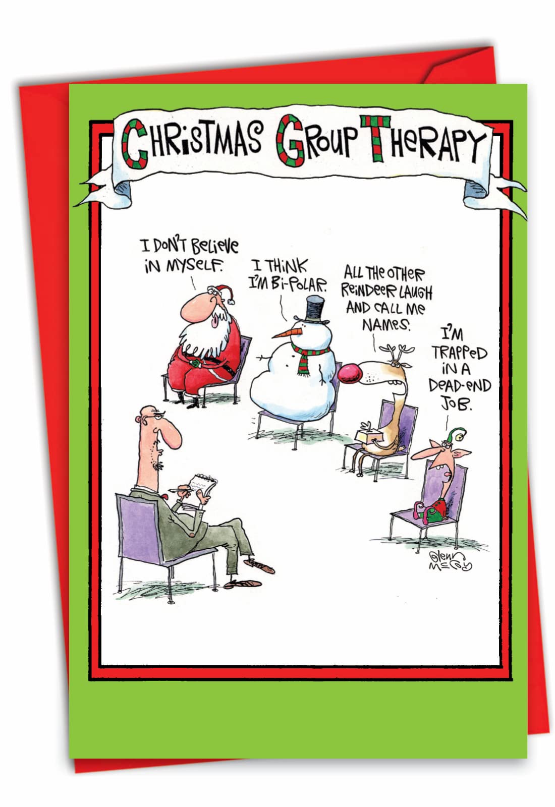 Group Therapy - Funny Merry Christmas Card with Envelope (4.63 x 6.75 Inch) - Santa, Reindeer, Snowman and Elf Psychology, Xmas Gift for Happy Holidays - Funny Adult Stationery 5799