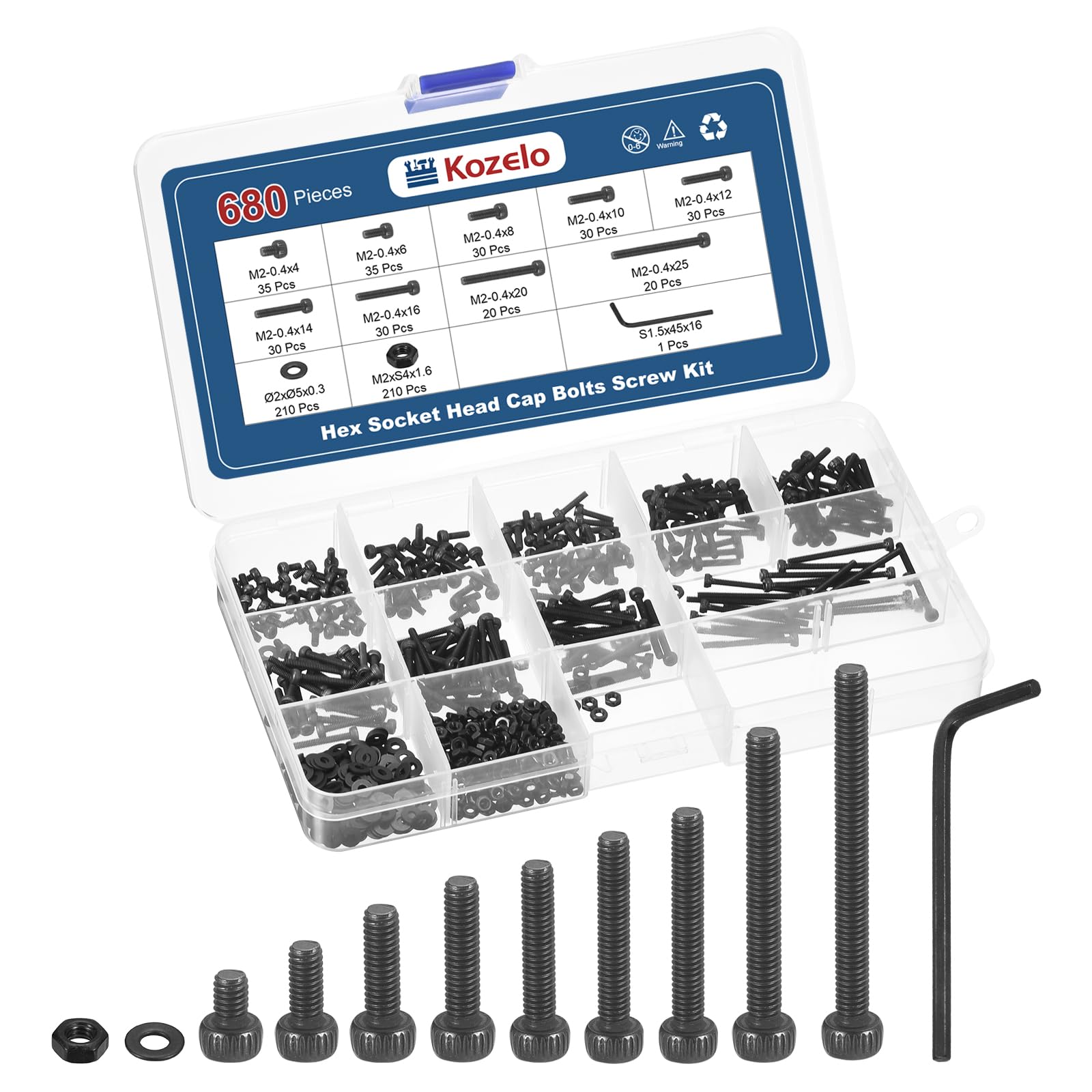 Kozelo 680pcs M2 Socket Head Cap Screws Bolts Nuts Assortment Kit - [M2x4/6/8/10/12/14/16/20/25mm] Alloy Steel Black Oxide 12.9 Internal Hex Screw for 3D Printer Use,with Wrench