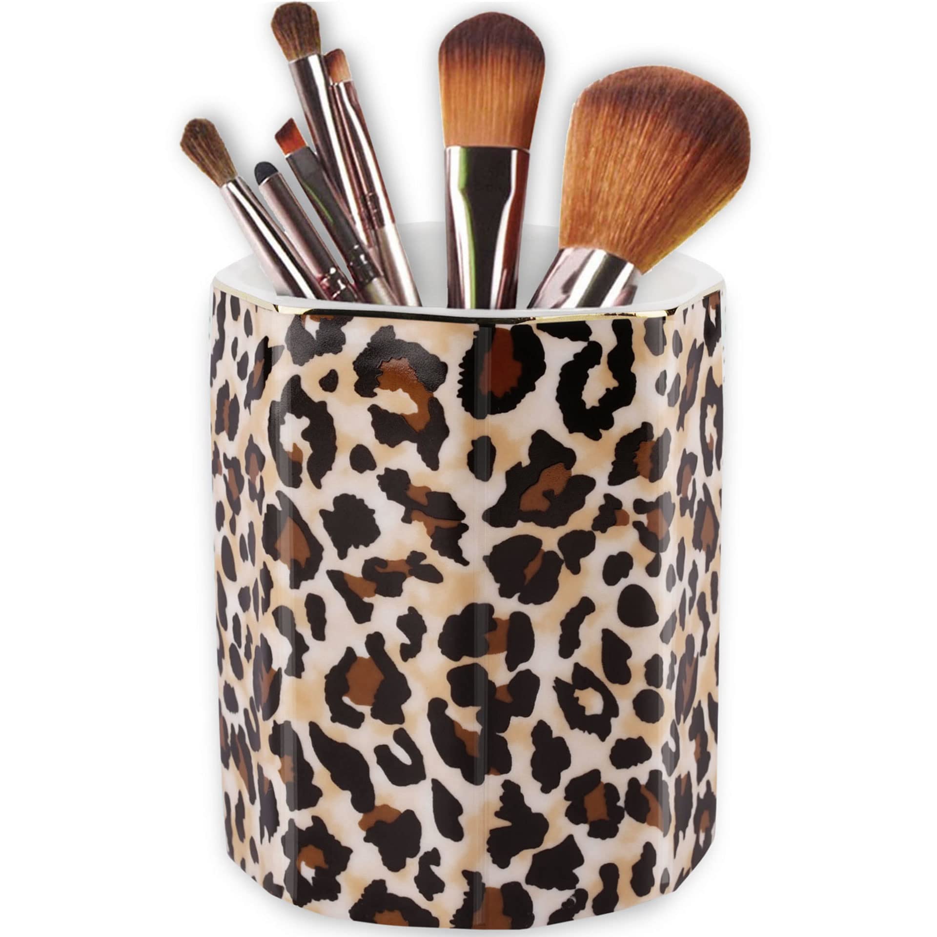 Photo 1 of Jwest Pen Holder, Makeup Brush Holder Ceramic Shiny Gold Leopard Cheetah Pattern Animal Pencil Cup for Girls Women Durable Stand Desk Organizer Storage Gift for Office, Classroom, Home Light Brown