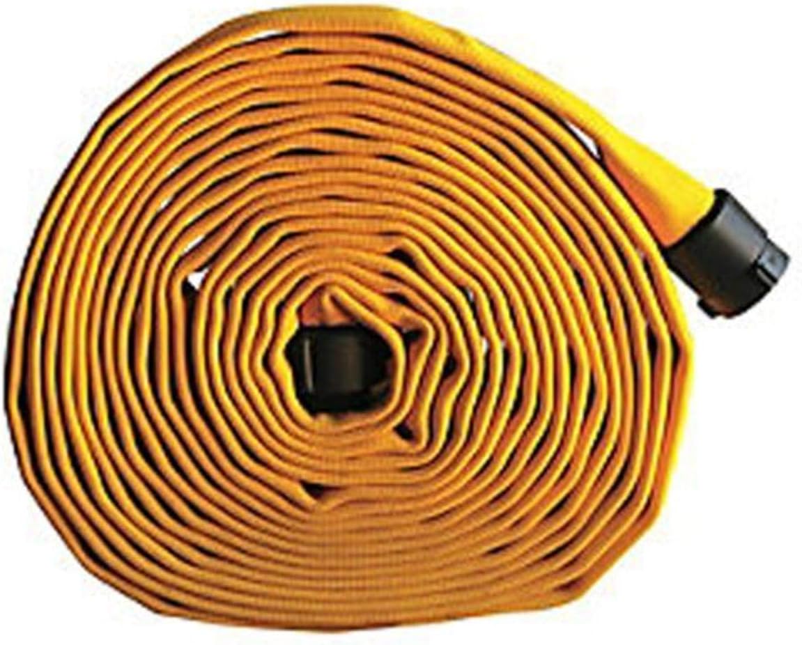 Key Fire Double Jacket Fire Hose, Yellow, 1-1/2" ID, 50 feet, 1000 PSI Burst Pressure, M x F NST Aluminum Connectors