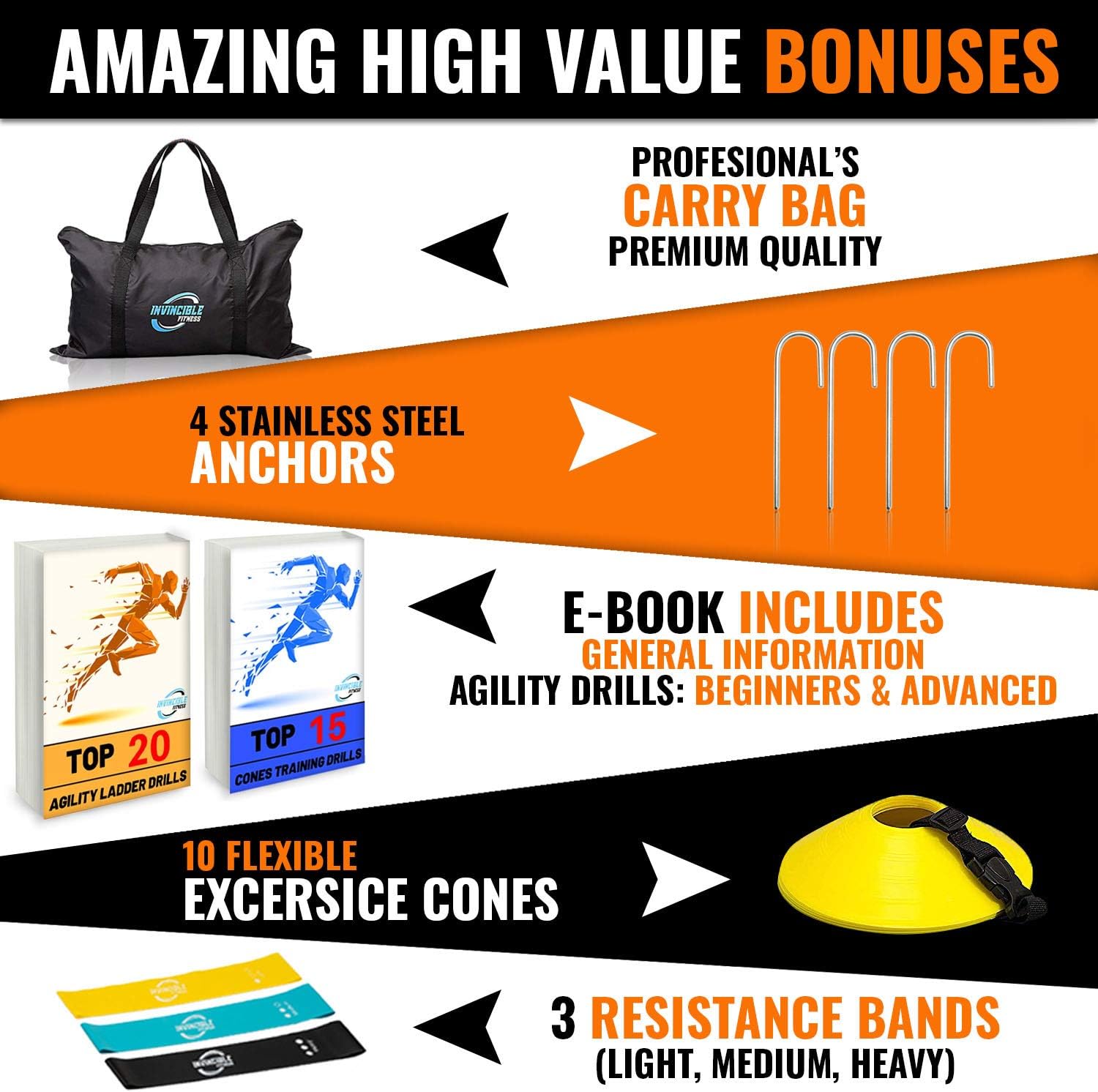 Invincible Fitness Agility Ladder Training Equipment Set, Improves Coordination, Speed, Power and Strength, Includes 10 Cones, 4 Hooks and 3 Loop Resistance Bands for Outdoor Workout : Sports & Outdoors