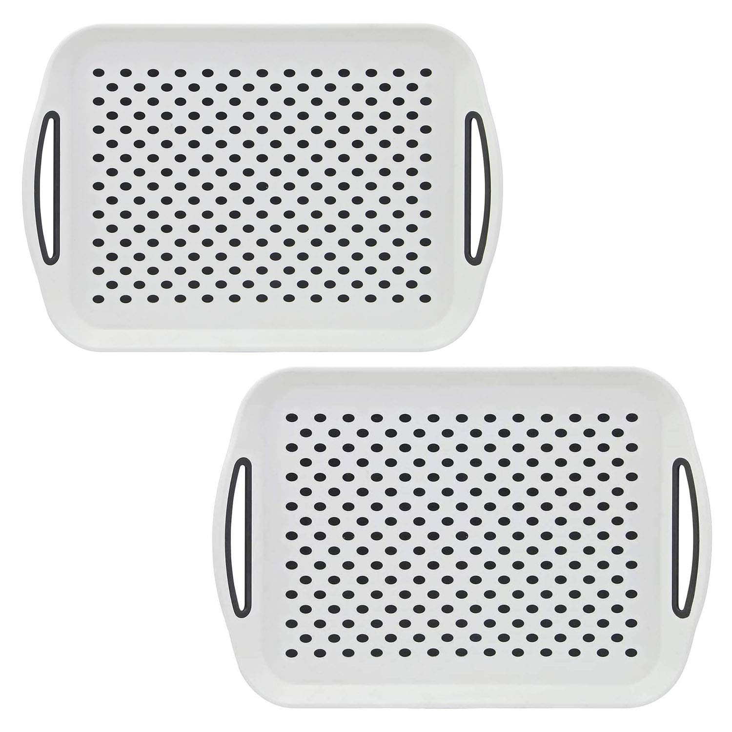 Taylor & Brown 2 x Set of Anti-Slip Rectangular Non-Slip Top and Bottom Plastic Dinner/Drinks Serving Tray with High Grip Rubber Surface, Easy Grip Handles (2 White)