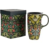Voltogar Ceramic Mug Travel Coffee Cup with Lid for Home & Office, 17oz. Porcelain Tall Tea Cup with Handle, Green Flower Mug in Color Box, 6.5" H