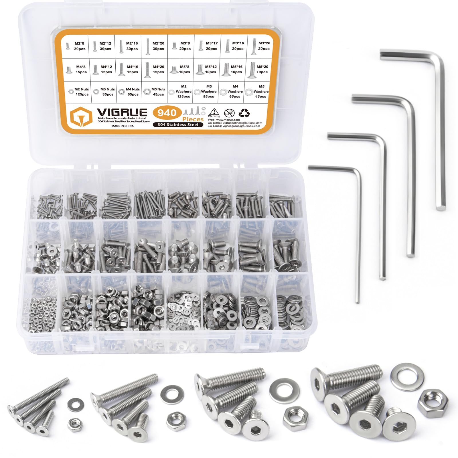 VIGRUE 940 Pieces M2 M3 M4 M5 Countersunk Screws Hex Flat Button Screws Nuts Assortment Set 304 Stainless Steel Machine Screws Thread Screws Fixing Tool Screw Set for Repairs