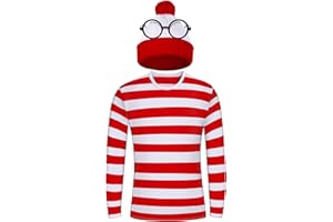 URATOT Adult Men Halloween Costume Sets Red and White Striped Tee Shirt Beanies with Nerd Glasses