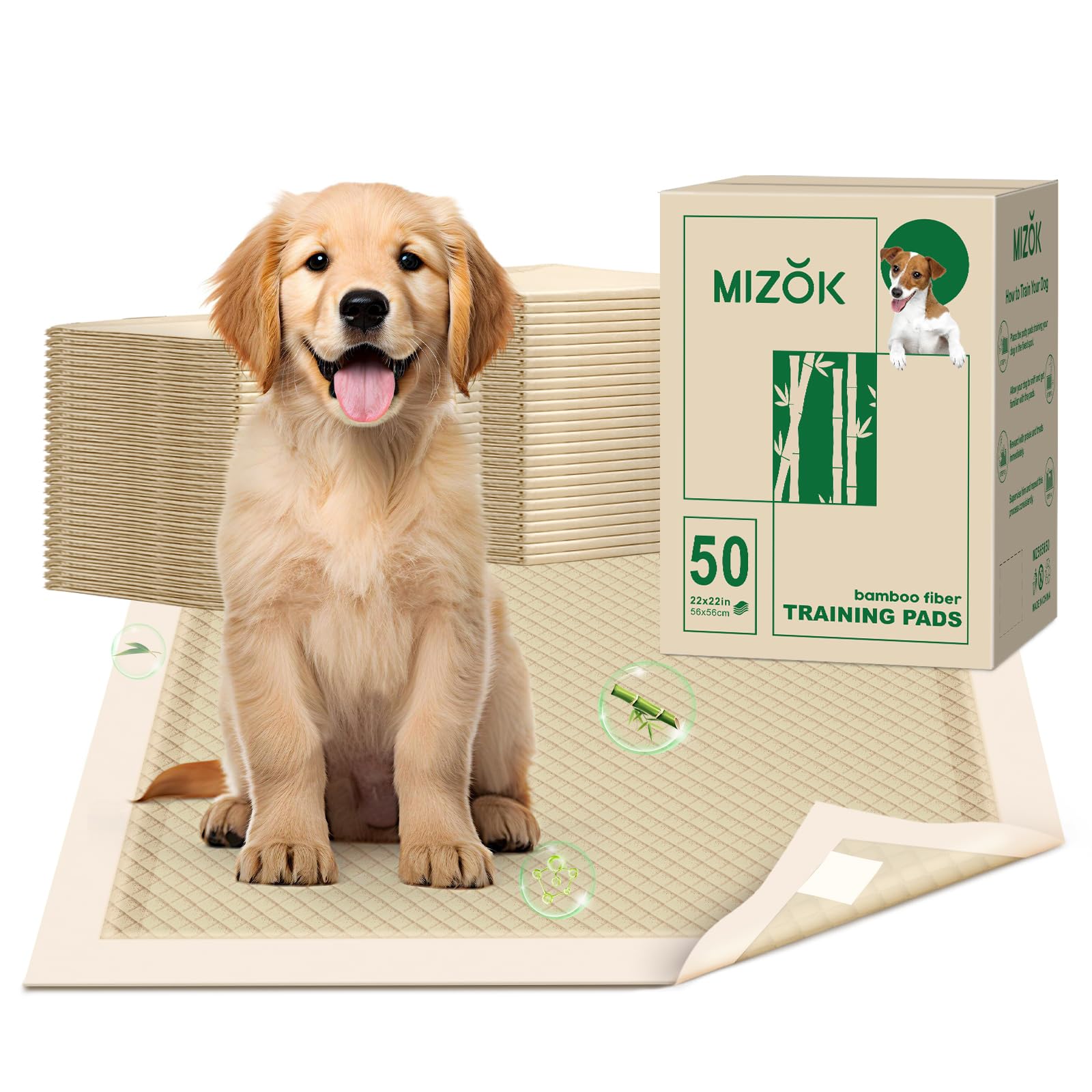 Photo 1 of MIZOK Puppy Pads Small 22x22 Pee Pads for Dogs Bamboo Odor Eliminating & 6-Layer Absorbent Leak-Proof Dog Pee Pads Potty Training with Adhesive Tabs, Disposable (50 Counts)