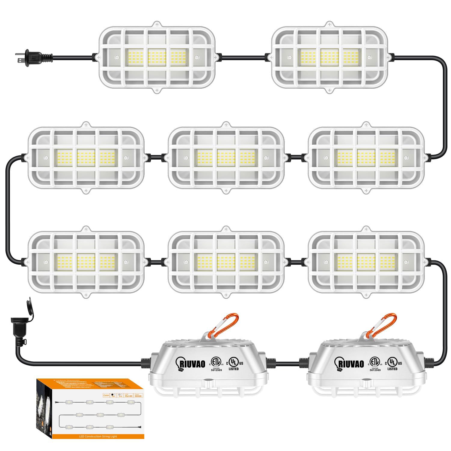 Photo 1 of RIUVAO 100ft LED Construction String Lights,Super Bright 300W 30000LM Waterproof IP67 Led String Work Lights, Construction Temporary Lights (Upgrad 100ft-10lights)