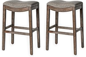 Maven Lane Adrien 31 Inch Bar Height Upholstered Backless Saddle Barstool in Dark Walnut Finish with Ash Grey Fabric Cushion Seat, Set of 2