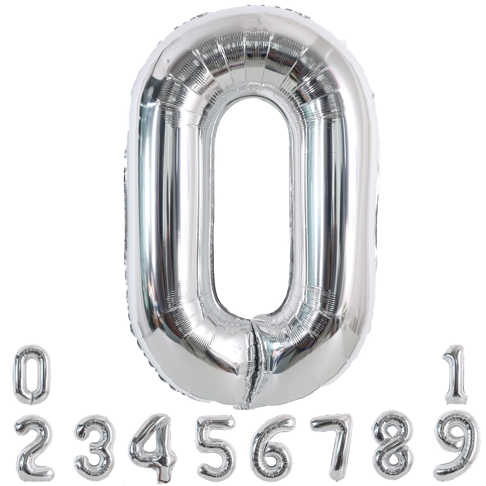 TONIFUL 40 Inch Silver Large Numbers Balloons 0-9, Number 0 Digit 0 Helium Balloons, Foil Mylar Big Number Balloons for Birthday Party Anniversary Supplies Decorations