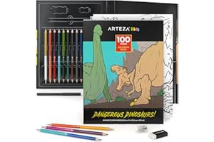 Arteza Kids Coloring Book and Pencils Set, 8.5 x 11 Inches, Dinosaur Illustrations, 50 Double-Sided Sheets, 100-lb Paper, 12 Double-Ended Colored Pencils in 24 Colors for Kids Activities