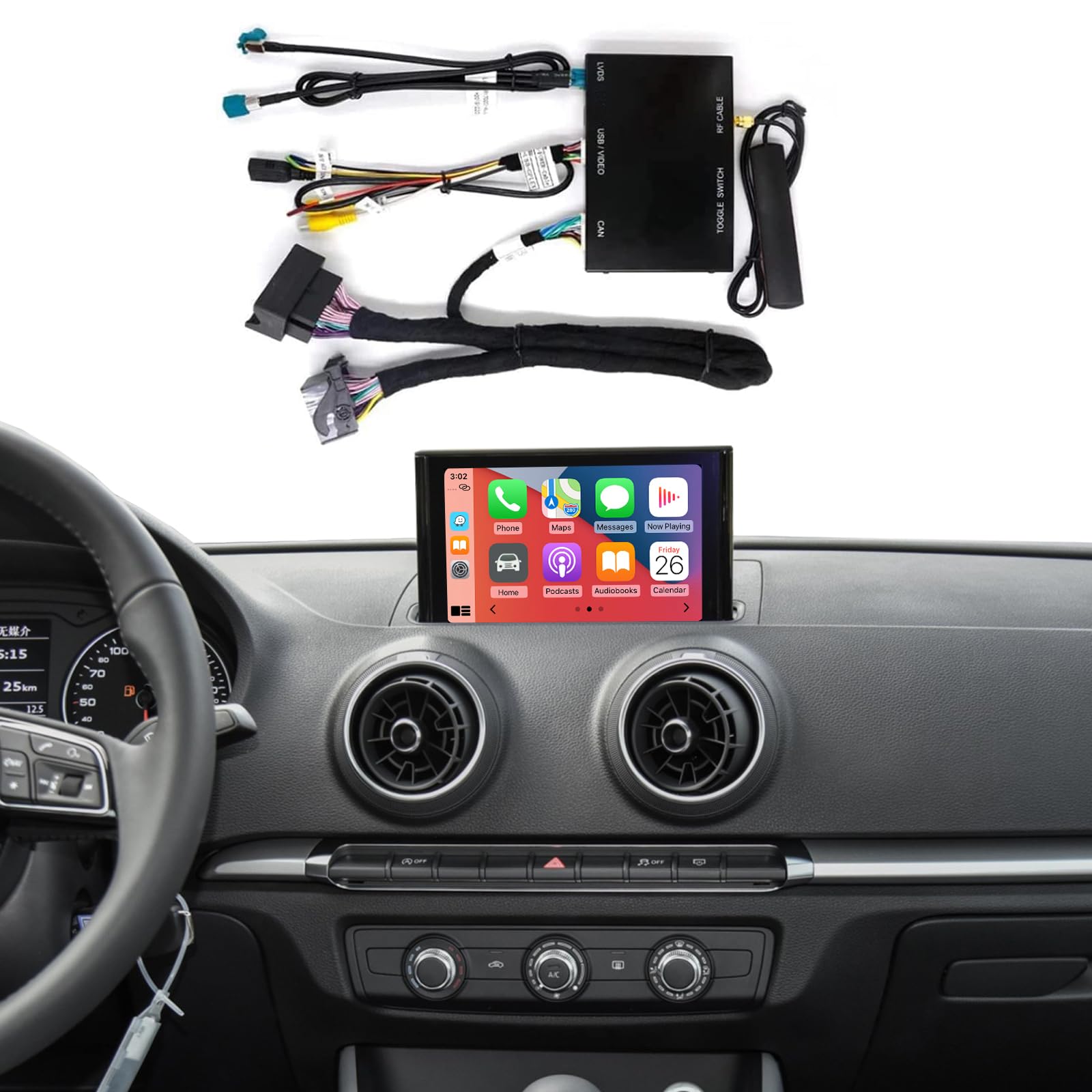 Road Top Wireless Carplay Android Auto Retrofit Kit for Audi A3 2013-2018 Year, Carplay Retrofit Kit Decoder, Support Mirror Link, Reverse Camera, Navigation