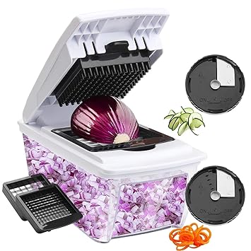 Corafei Gemüsehobel Spiralschneider Obst-Gemüse-Schneider mit 4 Klingen (Würfel, Pommes, Gemüsespaghetti, Curly Fries)