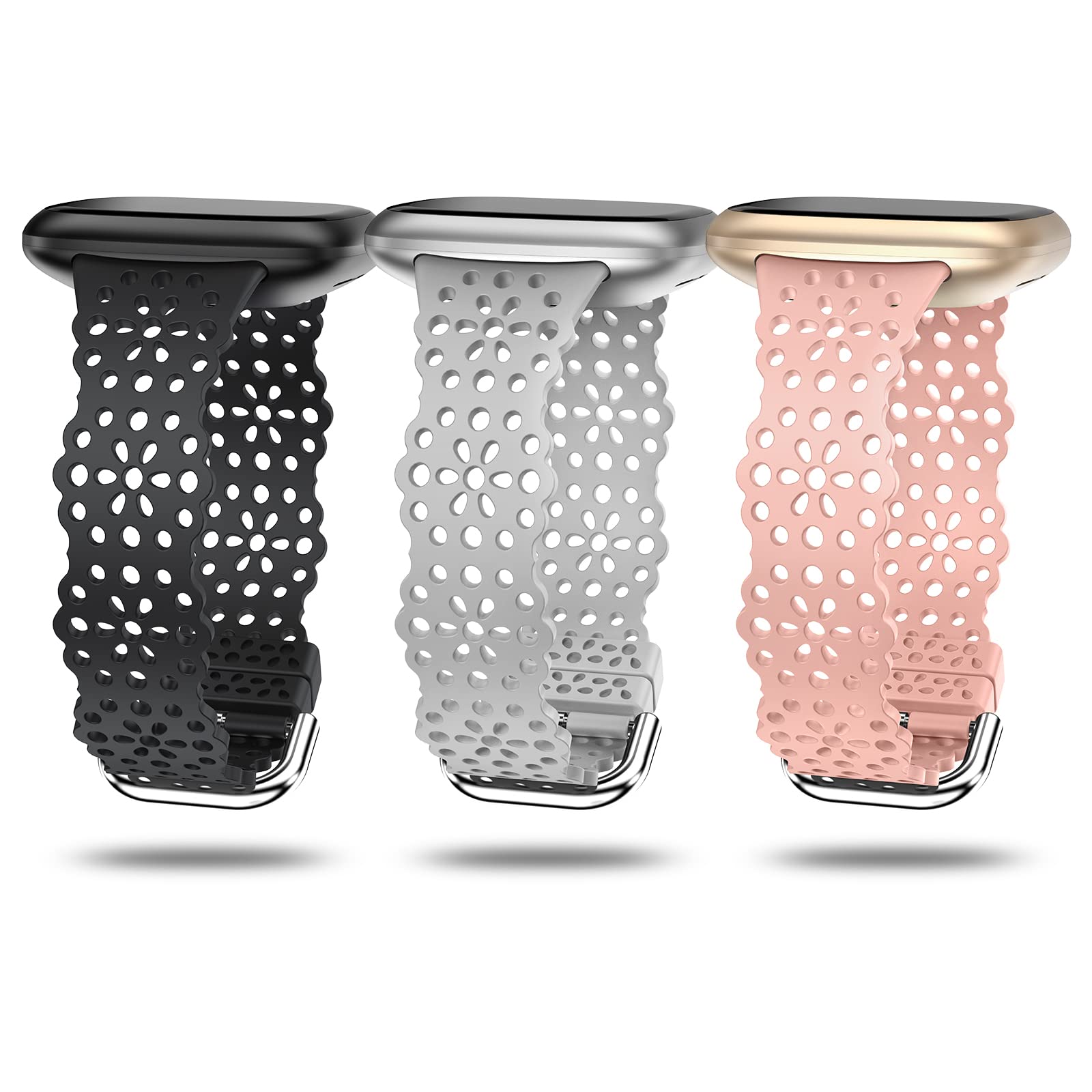 TOYOUTHS 3 Pack Lace Silicone Straps Compatible with Fitbit Versa 3/Sense/Versa 4/Sense 2, Women Slim Cute Hollow-Out Sport Replacement Strap, Breathable Waterproof Soft Straps, Black+Grey+Pink