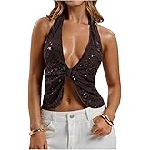 SweatyRocks Women's Sequin Ruched Deep V Neck Halter Top Backless Tie Back Low Cut Tops Party Shirts