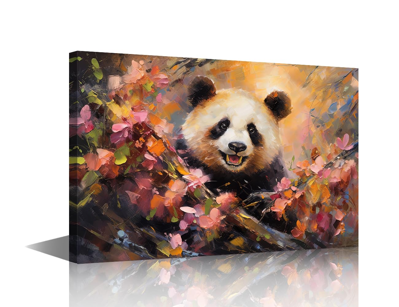 Cute Panda Bear in Flower Blossom Atmosphere Wall Art Animal Wallpaper Prints on Canvas Wall Paintings for Living Room Children Room Bedroom Decor Framed 18"x12"