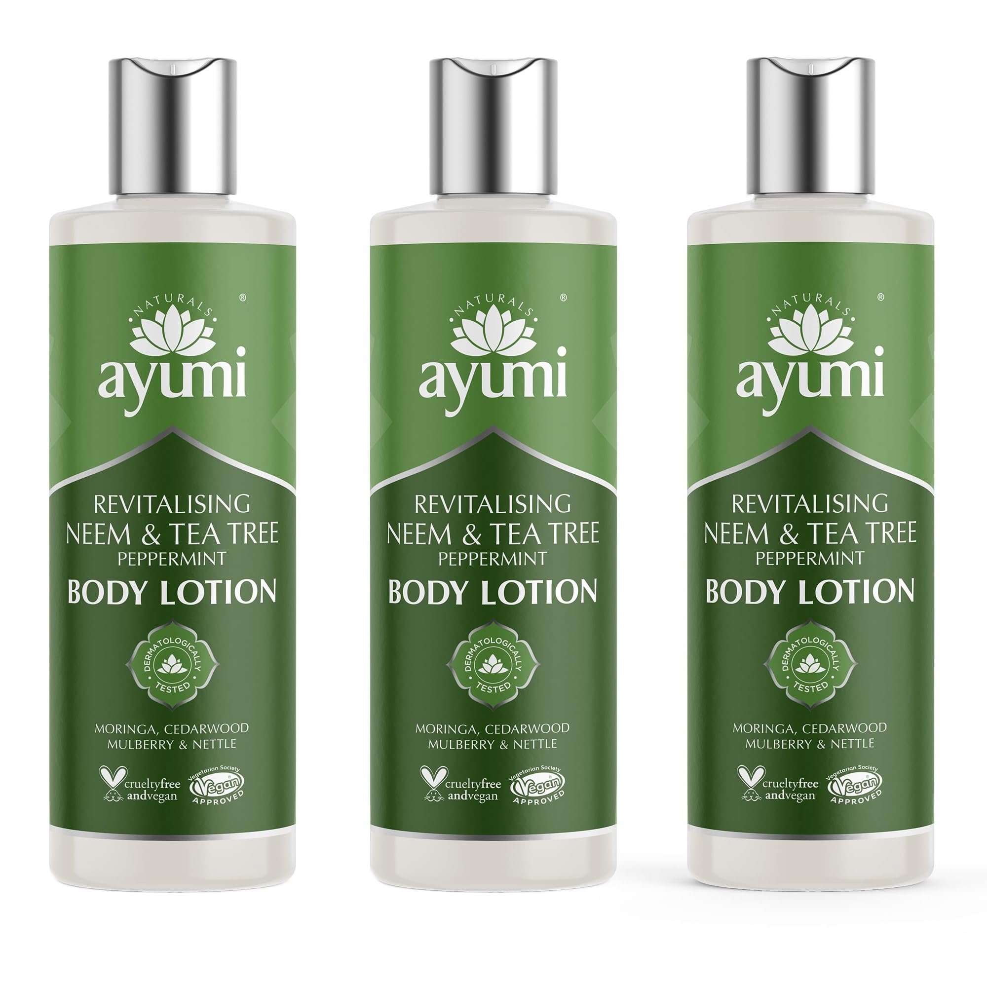 Ayumi Neem & Tea Tree Body Lotion | Oil Control Moisturiser for Oily Skin | Acne Cream with Witch Hazel | Nettle Leaf Hand Cream to Soothe Irritation | Body Moisturiser for Men & Women | 3 x 250ml