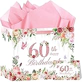 HSKMAKE Pink 60th Birthday Gift Bag, Large 60th Birthday Gift Bag with Card and Tissue Paper, 60 Year Old Gift Wrap Bag for Women, Sixtieth Bday Party Decorations, 60th Party Favors Supplies