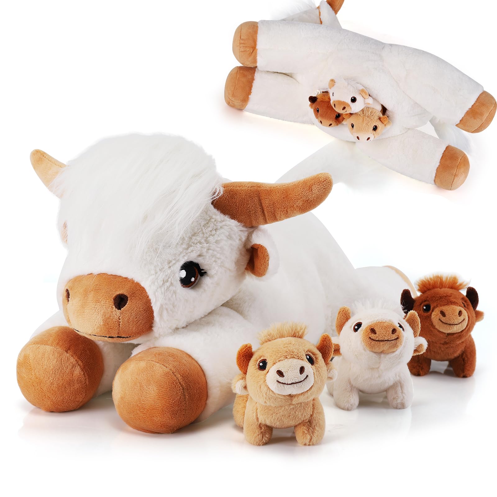 gnomantic 4 Pieces Highland Cow Stuffed Animals - 1 Mommy Stuffed Highland Cow with 3 Babies - White Cow Gifts for Girls Age 3-8, Cows Plush Toys for Christmas, Valentine's, Birthday Gifts (White) Image