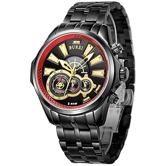 BUREI Men Classic Multifunction Black Watch Chronograph Function with Analog Dial Stainless Steel Material