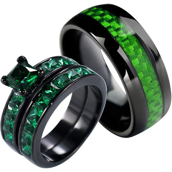 Ringheart His & Hers Couple Rings Set - Black Titanium Steel Bands With Green CZ - Claddagh Wedding Rings