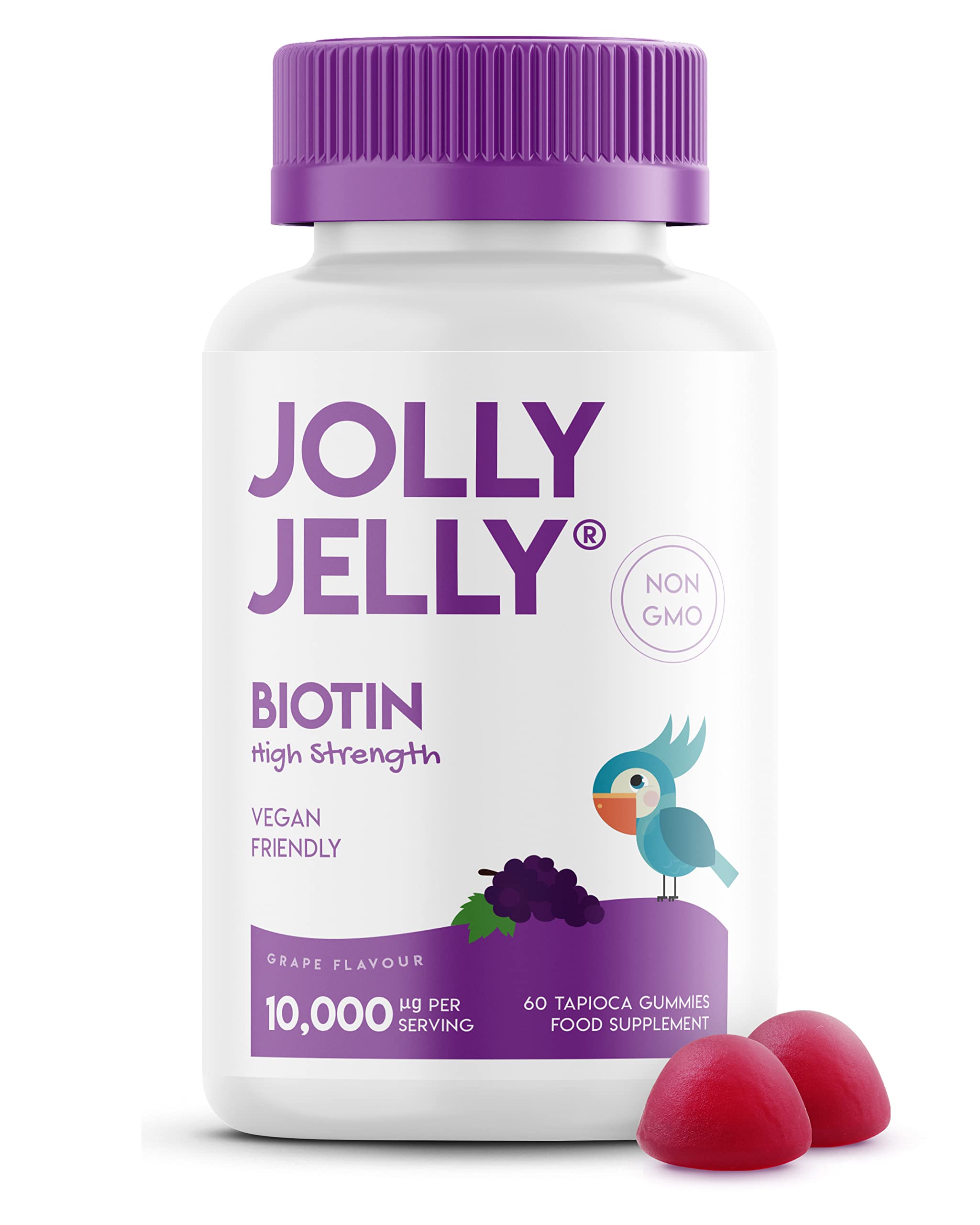 Biotin Gummies 10,000mcg - Potent Formula for Hair Skin and Nails, Tapioca Base, Grape Flavour - Halal, Non GMO - 60 Vegan Gummies.