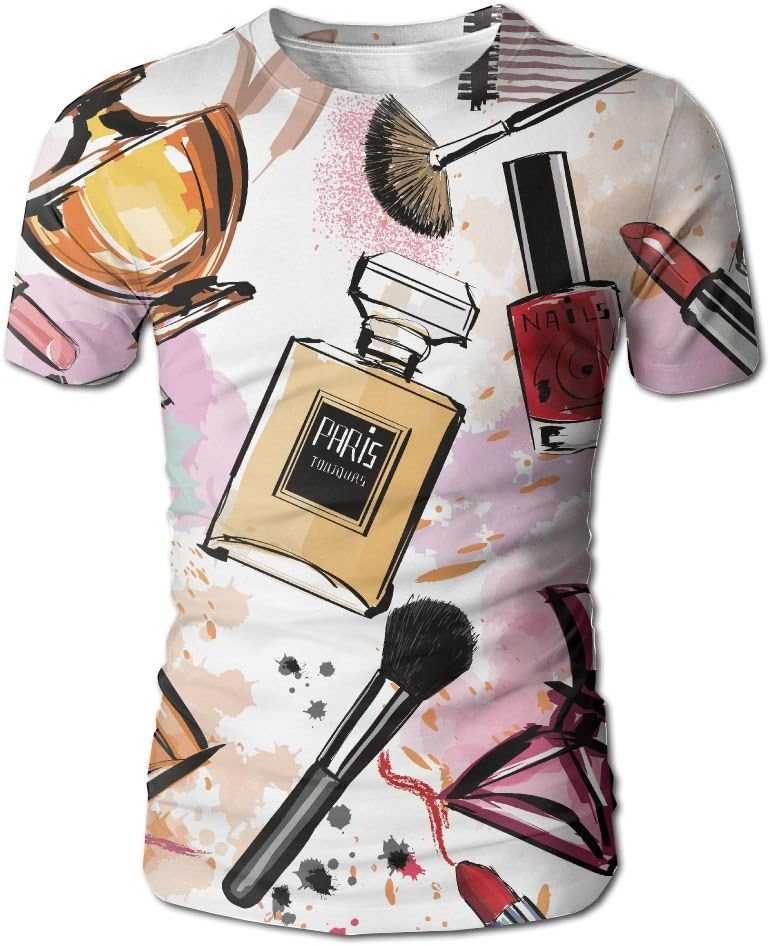 JeanCo Mens Girly Cosmetic And Make Up Theme Pattern With Perfume And Lipstick Nail Polish Brush Modern City Funny Tee White