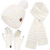 Womens Winter Hats Beanie Touchscreen Gloves Long Scarf Set Knit Warm Caps with Pom Fleece Gifts for Women