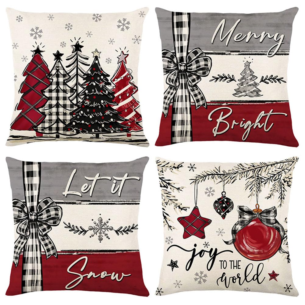 BCKAKQA Set of 4 Christmas Throw Pillow Cases 18 x 18 inches Red Black Grey Cushion Covers 45cm x 45cm Linen Square Throw Pillow Covers Xmas Decorations for Living Room Bedroom Sofa Couch Bed