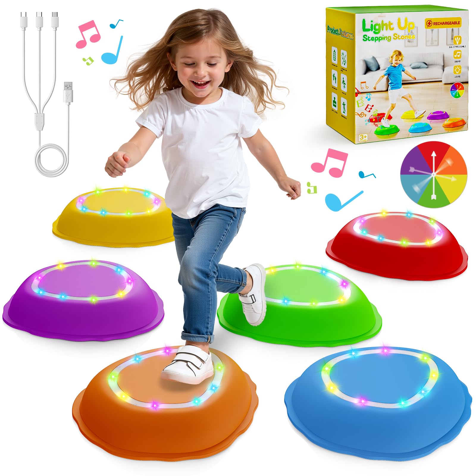 Scvcid Rechargeable Stepping Stones for Kids, 6pcs Music and Light Up Anti-Slip Balance Sensory Toys for Toddler, Kids Indoor and Outdoor Play Equipment, Birthday Gifts Toys for 3 4 5+ Year Old Kids