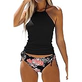 Women's Bathing Suit Solid Color Drawstring Side Halter Neck Tankini Set, Solid Black, S