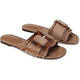 ZJGZF Raffia Sandals for Women Buckle Straw flats Woven Braided Rattan Slides Summer Beach Sandals Comfort Cute Shoes