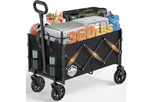 JIGOBING Collapsible Wagon, Portable Folding Wagons Carts with Wheels Foldable, 360lbs Heavy Duty Utility Cart with Cup Holders for Beach Grocery Camping Garden