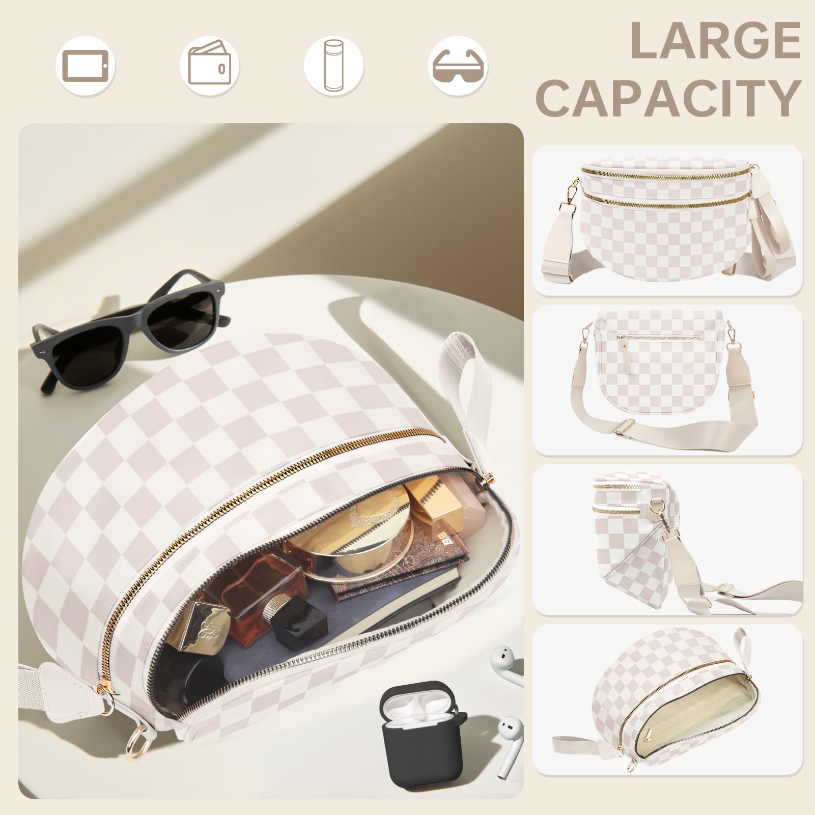 Burskit Cross Body Bag for Women Checkered Crossbody Bags Bum Bag for Women Fanny Packs for Girls Small Nylon Checkered Purse Trendy Shoulder Pouch for Womens (Checkered Beige, One Size)