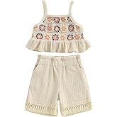 BemeyourBBs Toddler Girl Clothes Summer Baby Girl Embroidery Ruffle Tank Top Shrit Tassel Shorts Set 2 Piece Cute Boho Outfit